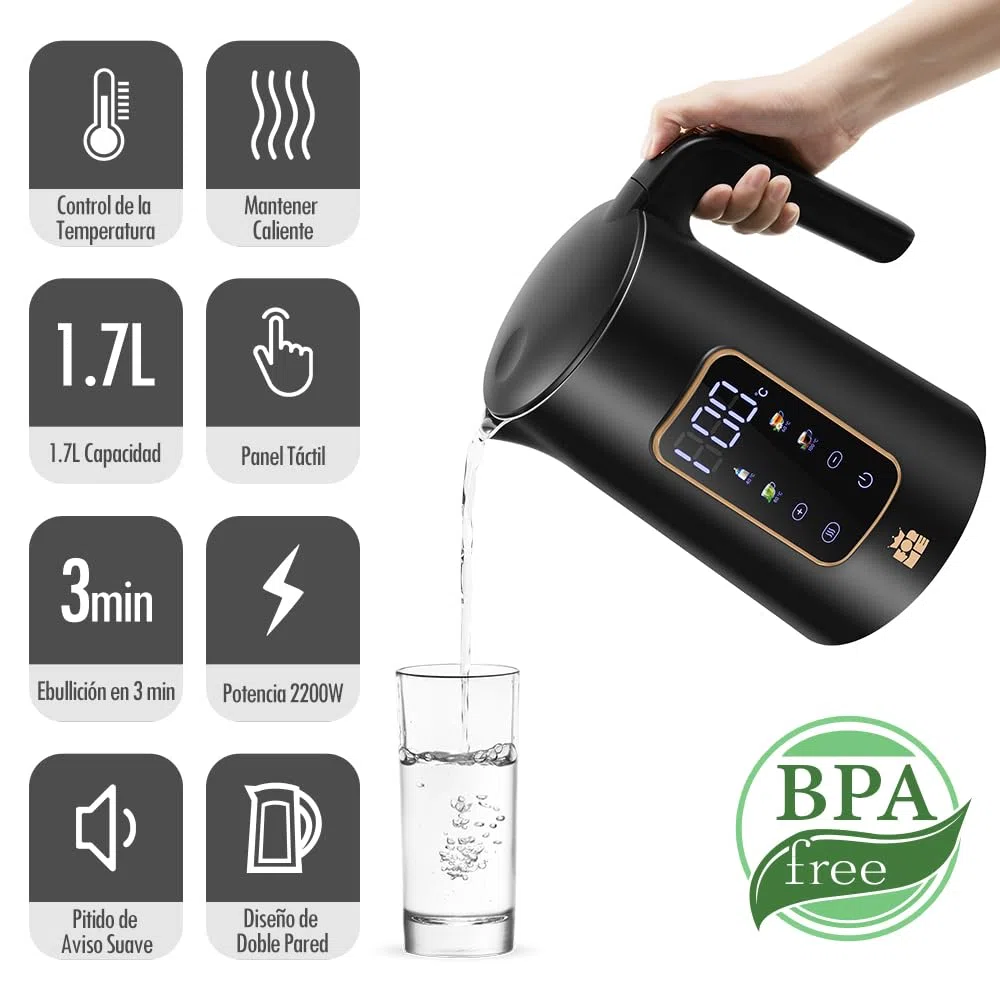 ForMe Hervidor Eléctricos de Acero Inoxidable 1,7 L Selección de Temperatura de 40-100 C LED Indicador Digital de Temperatura I Función de Mantener Caliente Tetera I Cristal Hervidora Libre de BPA