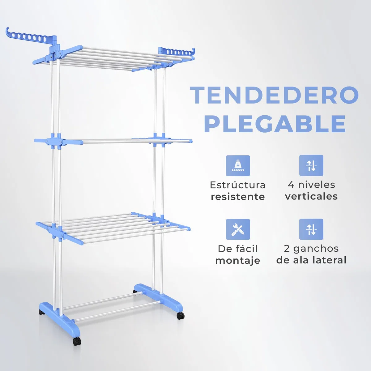 JUPPLIES Tendedero Vertical Plegable 175 cm Extensible 4 Niveles – Acero Inoxidable con Alas Giratorias y Ruedas – Compacto y Montaje Fácil para Piso, Cocina o Balcón