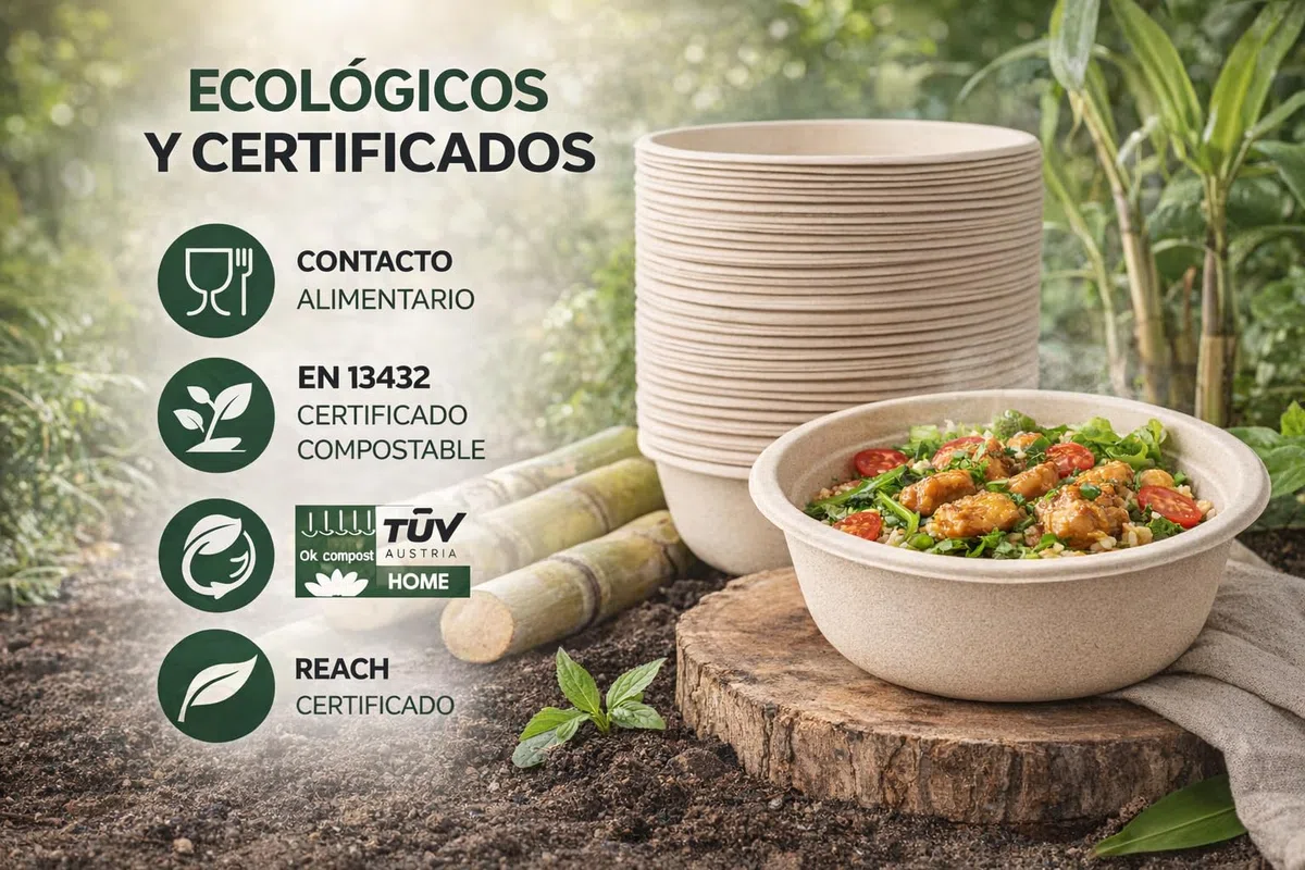 Bol Desechable Bagazo de Caña de Azúcar – Apto Microondas – Biodegradable y Compostable – Antigoteo – Para Caliente y Frío – Kraft Natural o Blanco – 350 ml / 500 ml / 900 ml (100, BLANCO, 500 ml.)