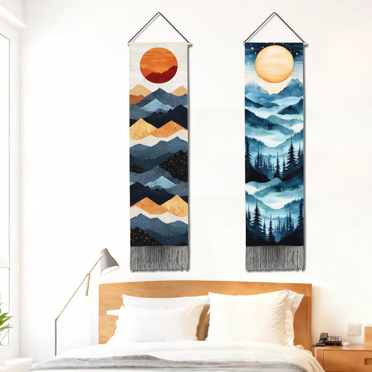 PRESSINART 2 piezas 2 estilos Tapiz Largo Boho Vertical Luna Montaña Tapiz Bosque Árbol Estética Naturaleza Paisaje Arte Borlas Negras Colgante de Pared para Decoración de Dormitorio Sala de Estar