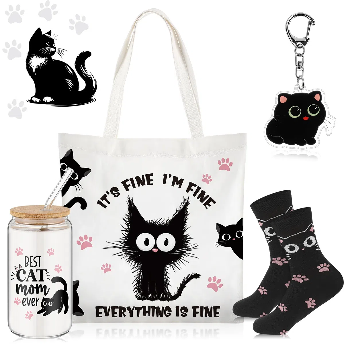 Paterr 4 regalos para amantes de los gatos para mujeres, regalo temático de gatos para cumpleaños con bolsa de lona de vidrio de 16 onzas con calcetines de pajita, bonito llavero