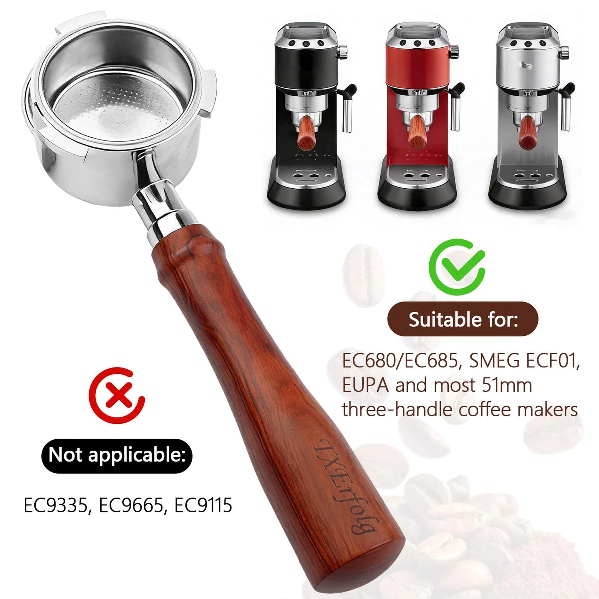 Portafiltro sin Fondo de 51 mm con 3 orejas, Compatible con DeLonghi Dedica EC680/EC685, SMEG y EUPA, Mango de madera de nogal con cesta de acero inoxidable, distribuidor de agujas