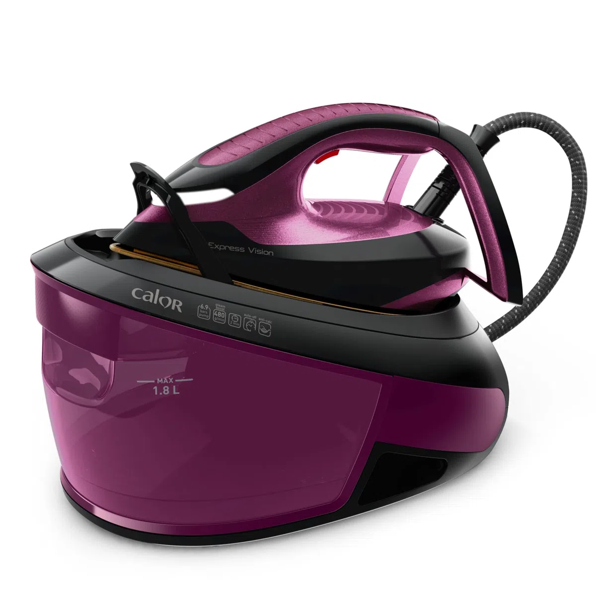 Calor central vapor, 6,9 bares, flujo de vapor 130 g/min, función de prensado 480 g/min, tanque 1,8 L, Led Vision, colector de piedra caliza, fabricado en Francia, púrpura/negro SV8152C0