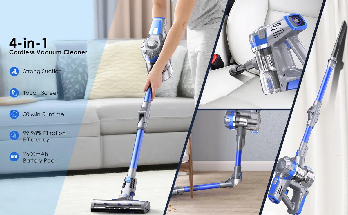 Aspirador inalámbrico con pantalla LED, 50 minutos batería extraíble para aspiradora de gran succión, aspirador de escoba a mano, pequeña aspiradora recargable para alfombras, suelos duros,