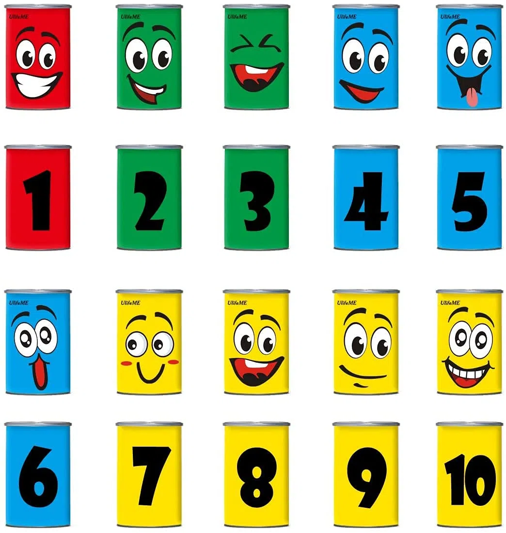 Lanzar latas para niños, Juego de Lanzamiento para Nacimiento Infantil y Otras Fiestas, 10 latas de Sonrisa y 3 Bolsas de Basura Coloridas, Juego para Juegos de jardín, latas de Lanzamiento,
