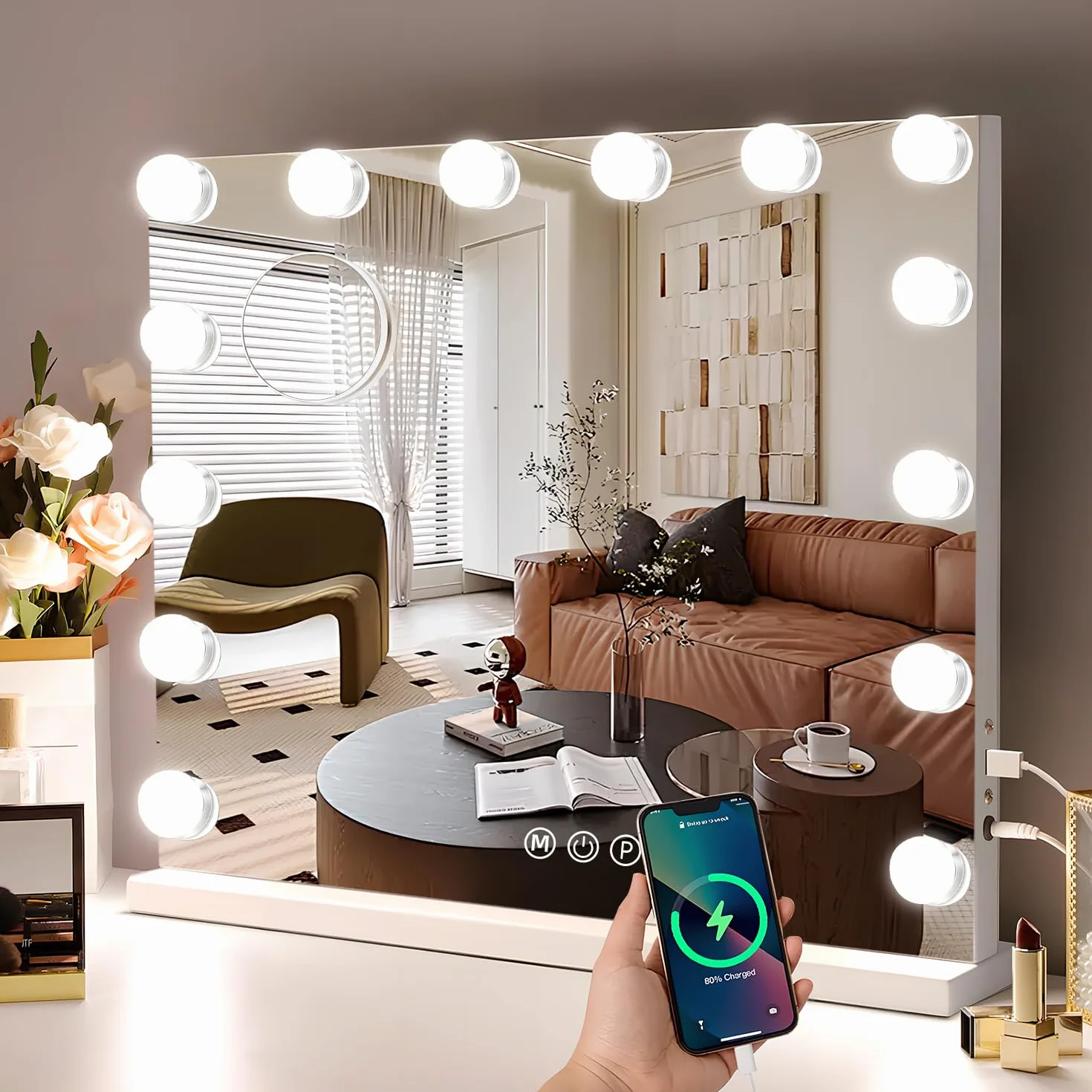 Genérico Hollywood Espejo Maquillaje con Luz 50x40cm, Espejo Pared con USB Puerto de Carga, 14 Bombillas LED y 3 Modos de Iluminación Ajustables, Aumento 10X Espejo Grande