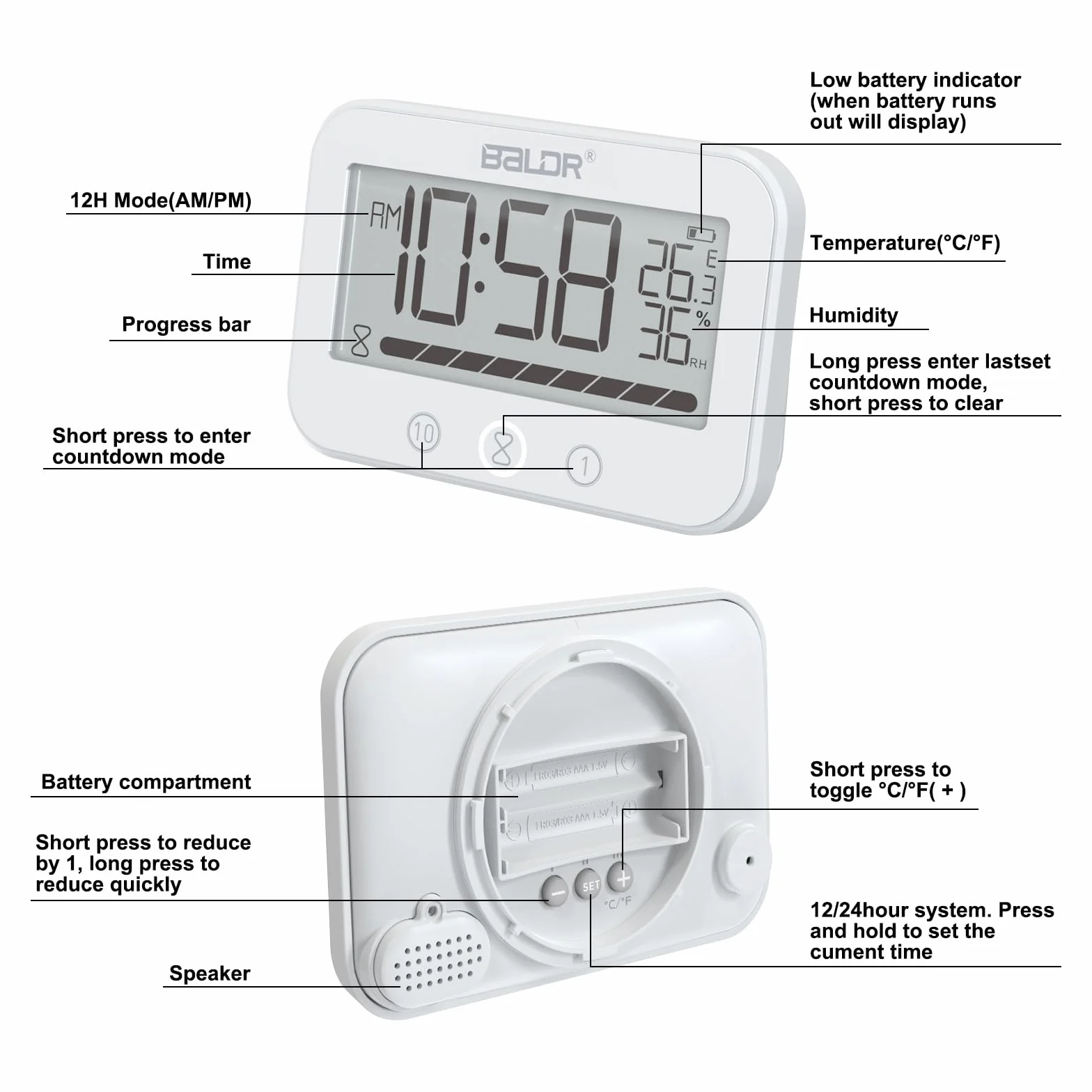Reloj de baño digital, IP54 impermeable reloj de ducha con temperatura y humedad, temporizador de cuenta regresiva de 99 minutos con alarma, temporizador con 2 ganchos adhesivos y 2 ventosas