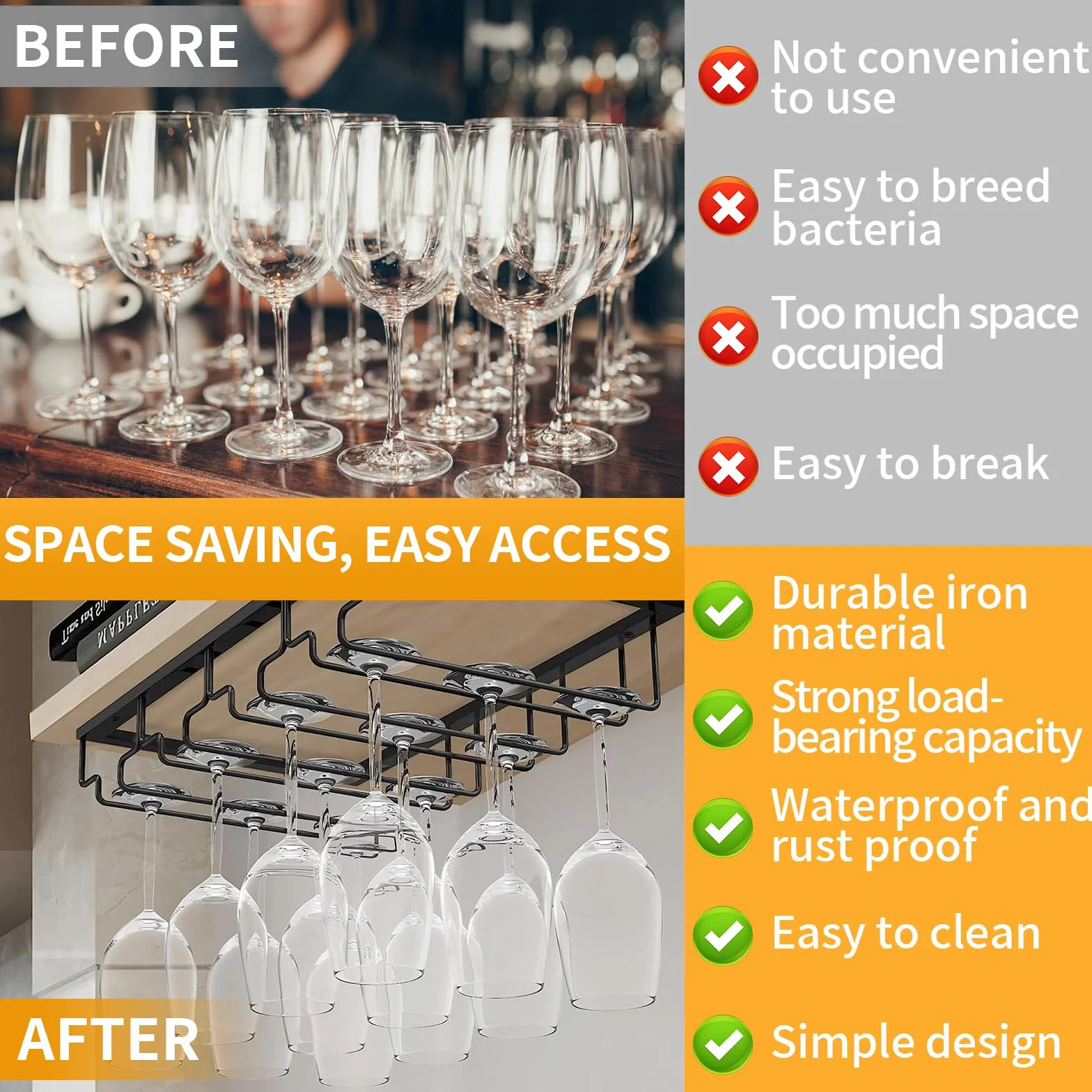 ROEXUN 2 Piezas 4 Filas Soportes para Copas de Vino de Metal,Estante Colgante para Copas de Vino con Tornillos,Colgador de Copas Invertido,Colgador Copas con Tallo para Familia,Restaurante,Hotel Bar