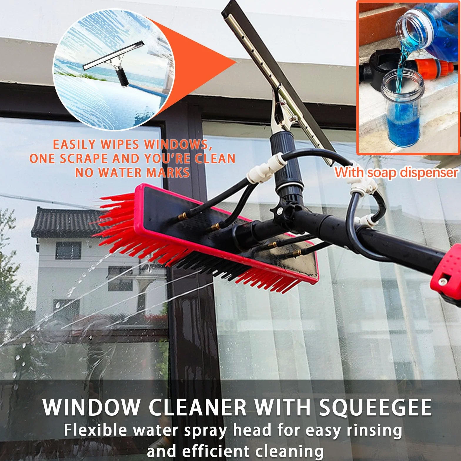 Genérico Cepillo telescópico para Ventanas, hidrolimpiador telescópico, Alcance de hasta 9 m, dispensador de jabón, Paneles solares, Kit con escobilla de Goma, para Lavar Camiones, autobuse