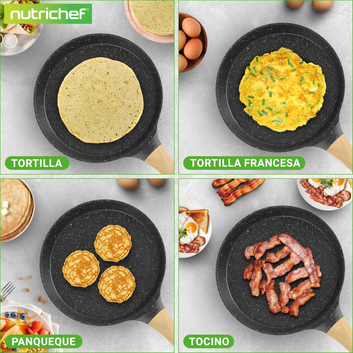 NutriChef sarten para crepes con esparcidor de madera, Tortitas, Panquecas, 11”, Facil de limpiar, Antiadherente, Con recubrimiento de marmol