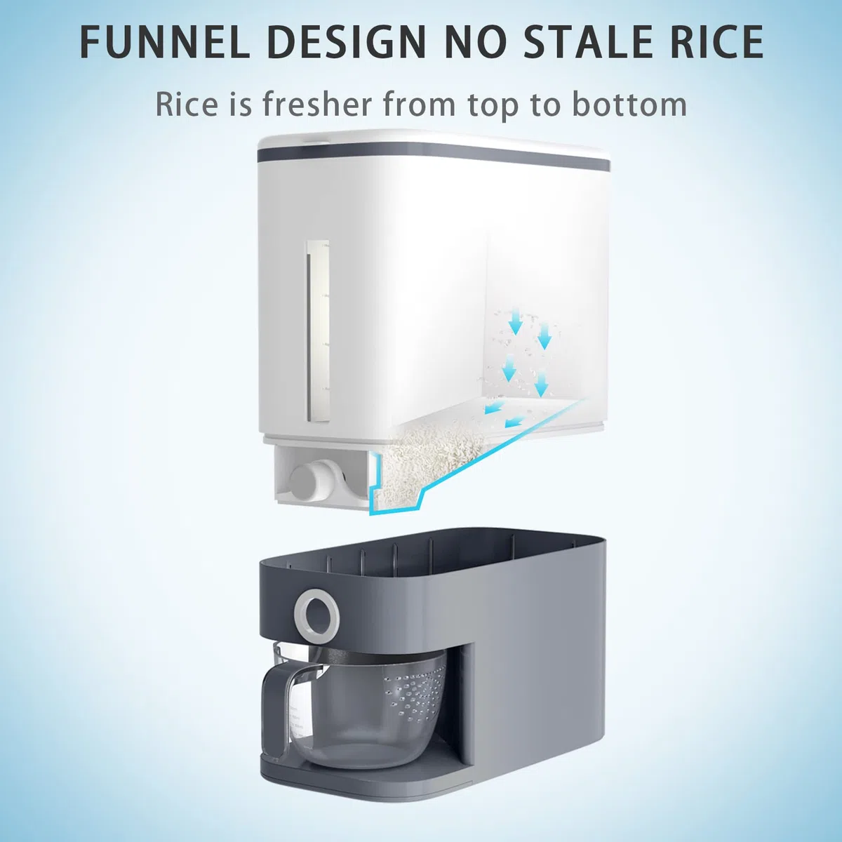 Dispensador de arroz de 25 libras, contenedor de grano grande con tapa, cilindro de medición a prueba de humedad, dispensador de cereales para cocina, maíz de soja