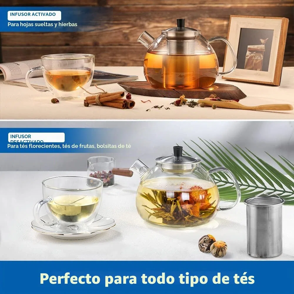 ecooe Tetera de cristal de borosilicato, 1000 ml, con colador extraíble de acero inoxidable 18/8, resistente al calor, para té negro, verde