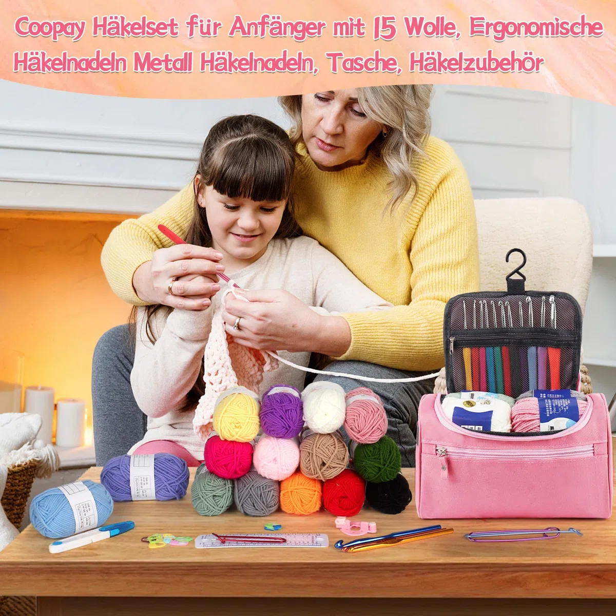Coopay Juego de 73 agujas de ganchillo para principiantes, juego de agujas de ganchillo portátiles con 15 lana, bolsa, accesorios de ganchillo, 2,0-10 mm, agujas de ganchillo ergonómicas con mango