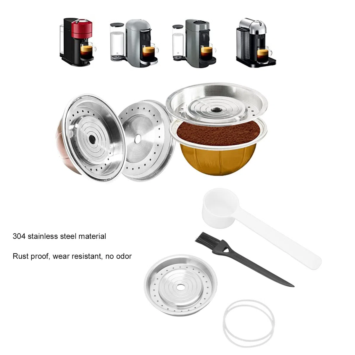 Tapa de Cápsula de café Reutilizable, Tapa de Cápsula de Acero Inoxidable 304 Tapa de Sello de Cápsula de café Recargable Reutilizable para Cápsulas Recargables con Pala y