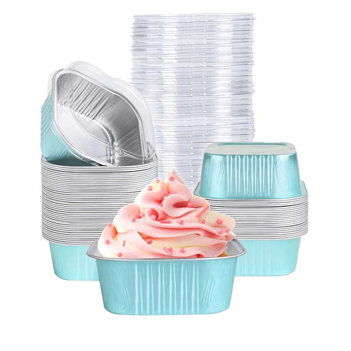 Paquete de 40 mini moldes para tartas con tapas, vasos cuadrados de aluminio de 5 onzas para hornear brownies, moldes de molde para magdalenas, moldes desechables para cupcakes de postre para bodas,