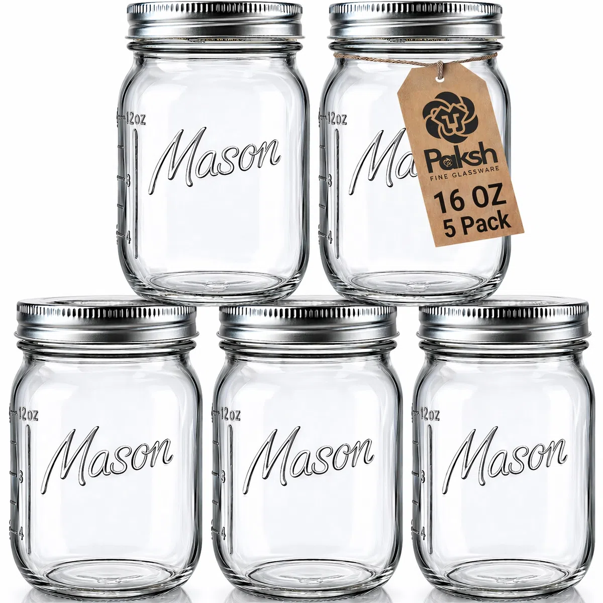 Tarros de vidrio de boca regular, 16 onzas (paquete de 5) frascos de vidrio con tapas herméticas de metal plateado y bandas con marcas de medición, para conservar, preparación de comidas, avena,