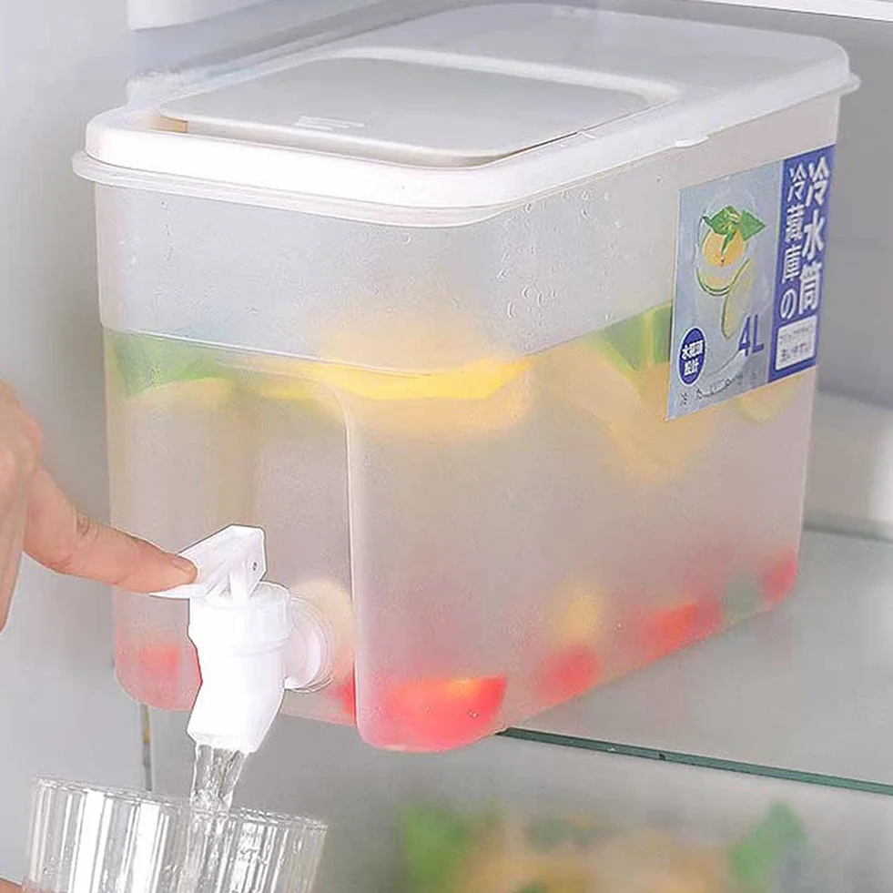 Dispensador de bebidas de 4 L con grifo, dispensador de agua para frigorífico con grifo, dispensador de bebidas de gran capacidad, plástico recargable, cubo de agua helada con tapa para bebidas frías