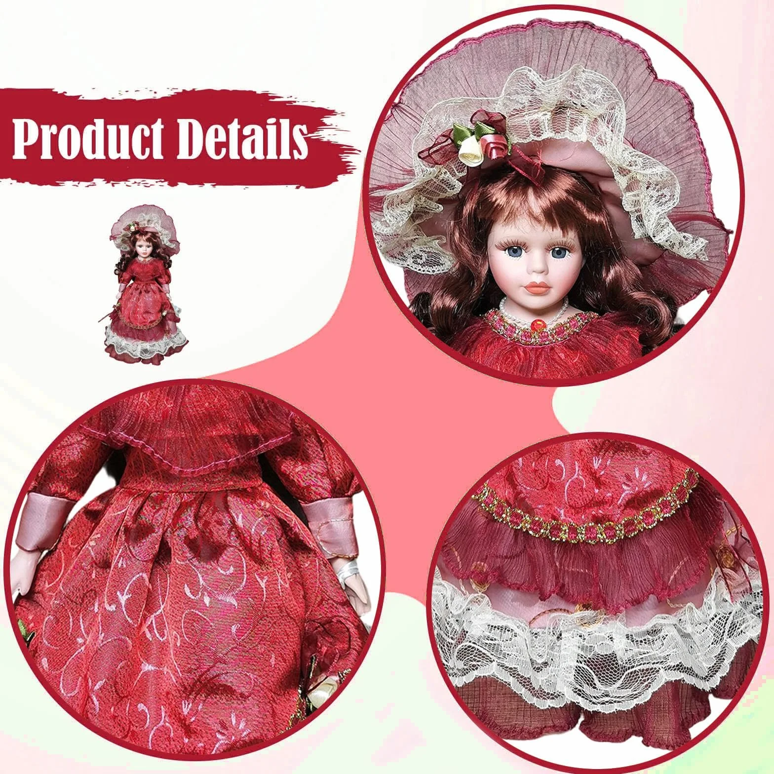Muñeca de Elegante Figura Decorativa Miniatura con Vestido Antiguo y Sombrero Detallado Mujer Artesanía Adecuada para Regalar Cumpleaños, Burdeos, Individual