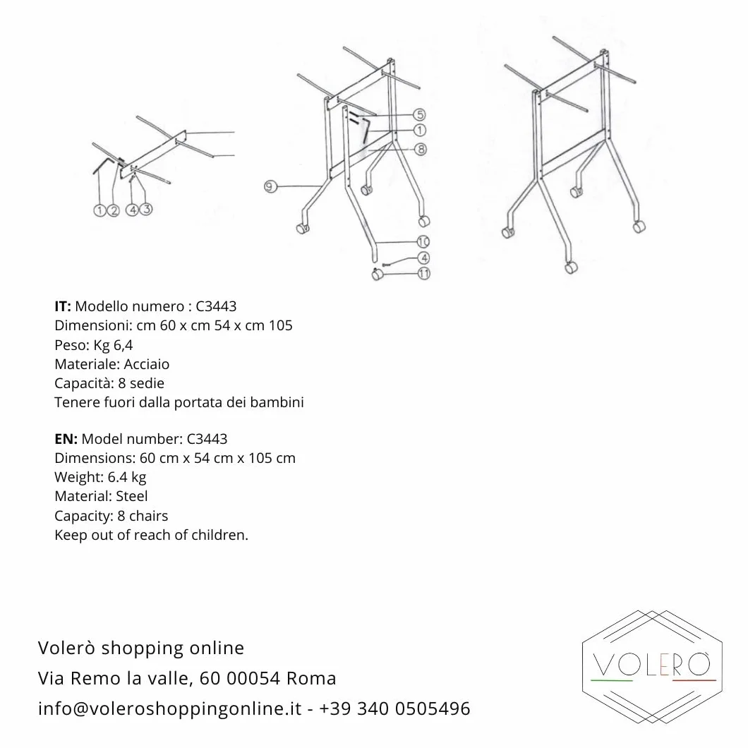 VOLERO' ; Carro Silla Plegable, Modelo PIRRO, Estructura Acero, Capacidad 8 Sillas, 4 Ruedas con Freno. (Plata)