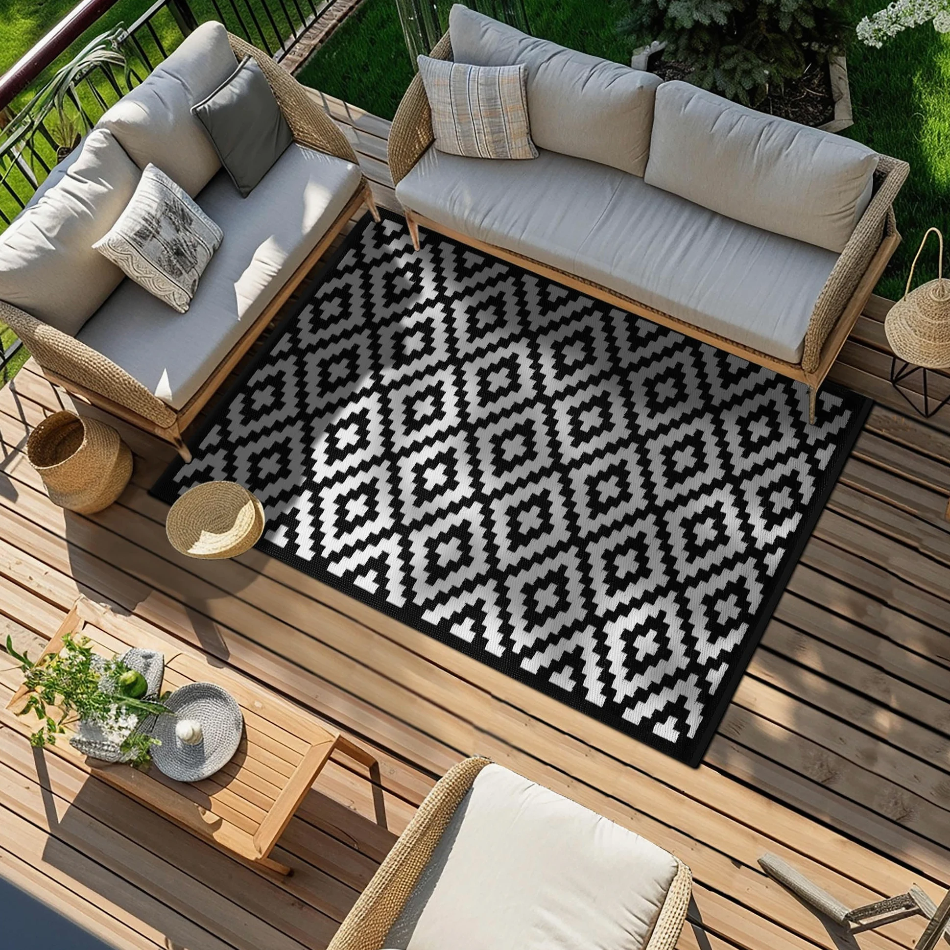 Green Decore Nirvana 120 x 180 cm - Alfombra ecológica para interiores y exteriores - ligera y reversible - Negro / Blanco