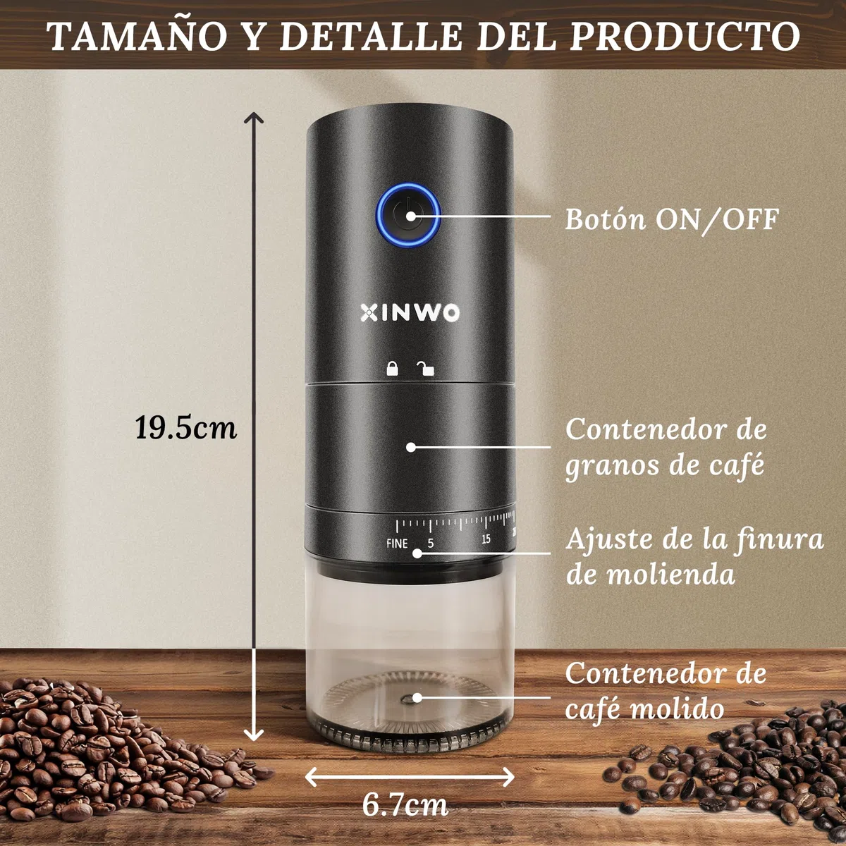 Abidjan | Molinillo de Café Eléctrico Recargable - 38 Niveles de Molienda, Muelas Cónicas de Cerámica, Doble Compartimento - Molido Fino a Grueso (0.1–4mm), USB-C - Negro Mate.