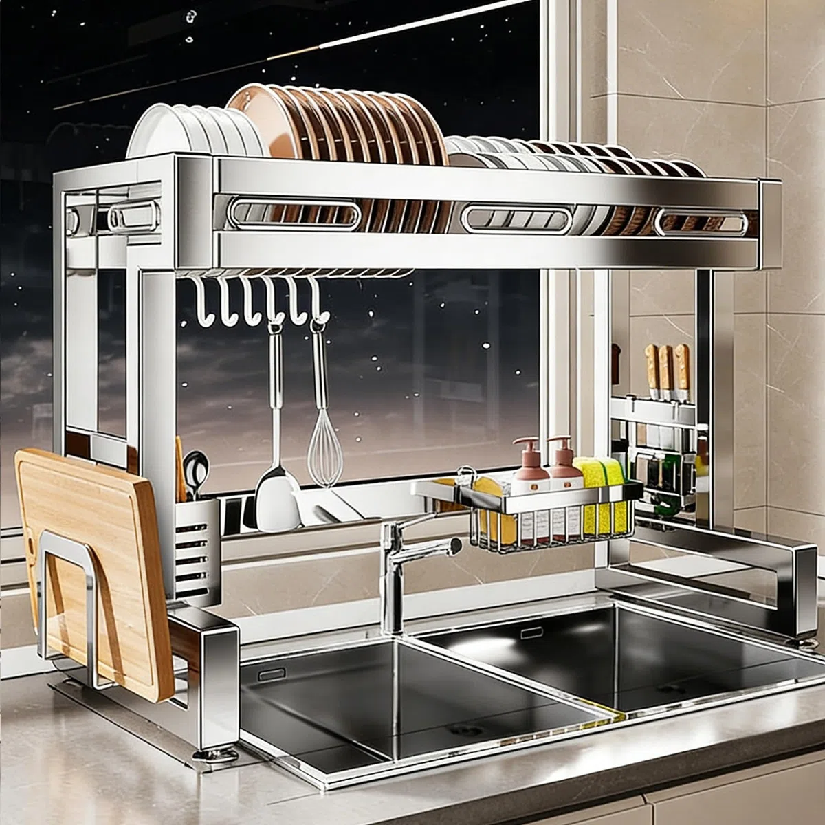 Escurridor de platos para colgar sobre el fregadero, acero inoxidable 304, organizador de múltiples platos de cocina, ahorro de espacio, para platos, vasos, cubiertos (una sola capa, 96 cm)