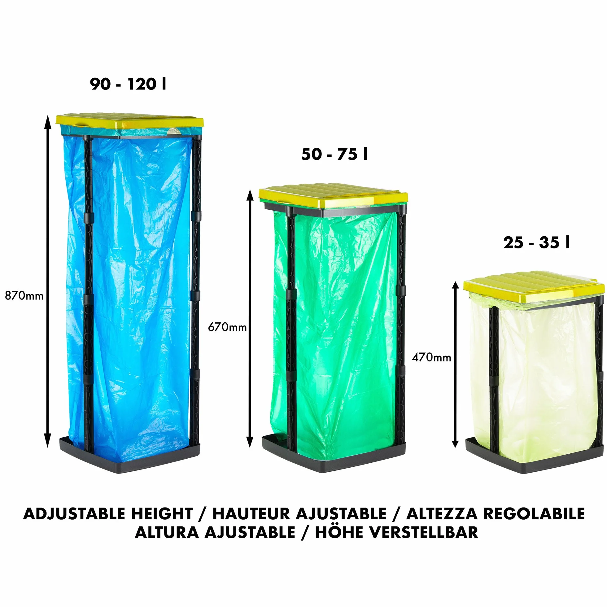 Grizzly Portabolsas de basura, 3x cubo de basura con tapa amarilla, sistema enchufable de altura regulable con anillo de sujeción, para bolsas de basura de diferentes tamaños de 25-120 litros