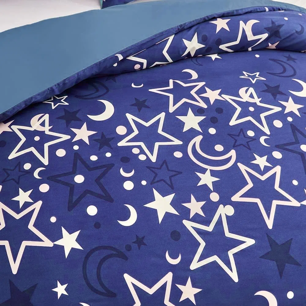 Loussiesd Juego de ropa de cama con diseño de galaxia que brilla en la oscuridad para niñas, color azul, universo estrellado, noche estrellada, súper suave, 135 x 200 cm, espacio exterior, estrellas
