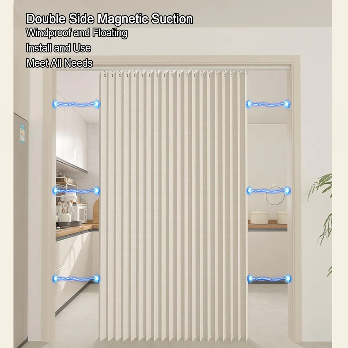 Cortina Cocina Puerta, Cortina Plisada Plegable Invisible Impermeable con Magnéticas Cortina Plegable para Cocina,Comedor, Marco de Puerta(Beige,100x200cm)