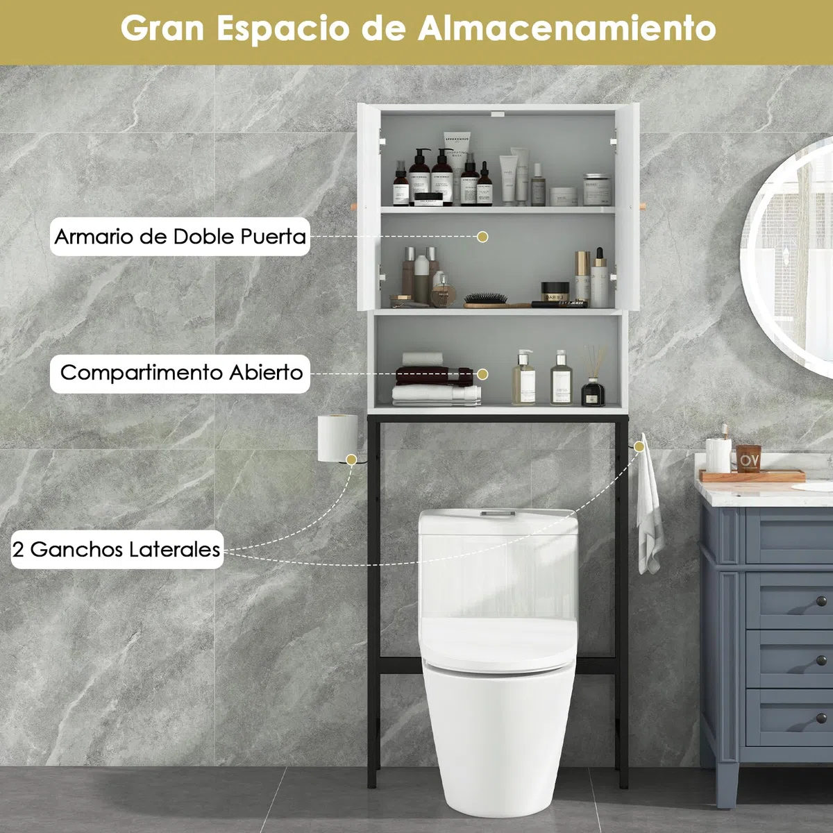 GOPLUS Armario sobre la Mesa del Inodoro, Armario de Baño con Doble Puerta, Compartimento Abierto, Estante Ajustable, Barra Inferior para Lavadero, 63x23x165,5cm (Blanco)