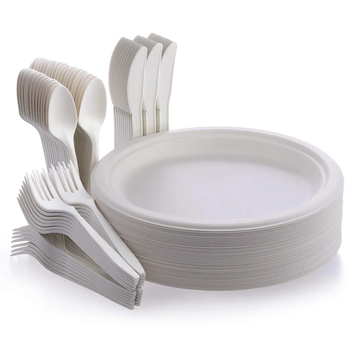 Fuyit 200 Piezas Platos de Papel de Caña de Azúcar Vajilla, Incluye 50 Platos, 50 Tenedores, 50 Cuchillos y 50 Cucharas para Fiesta, Boda, Picnic, Camping