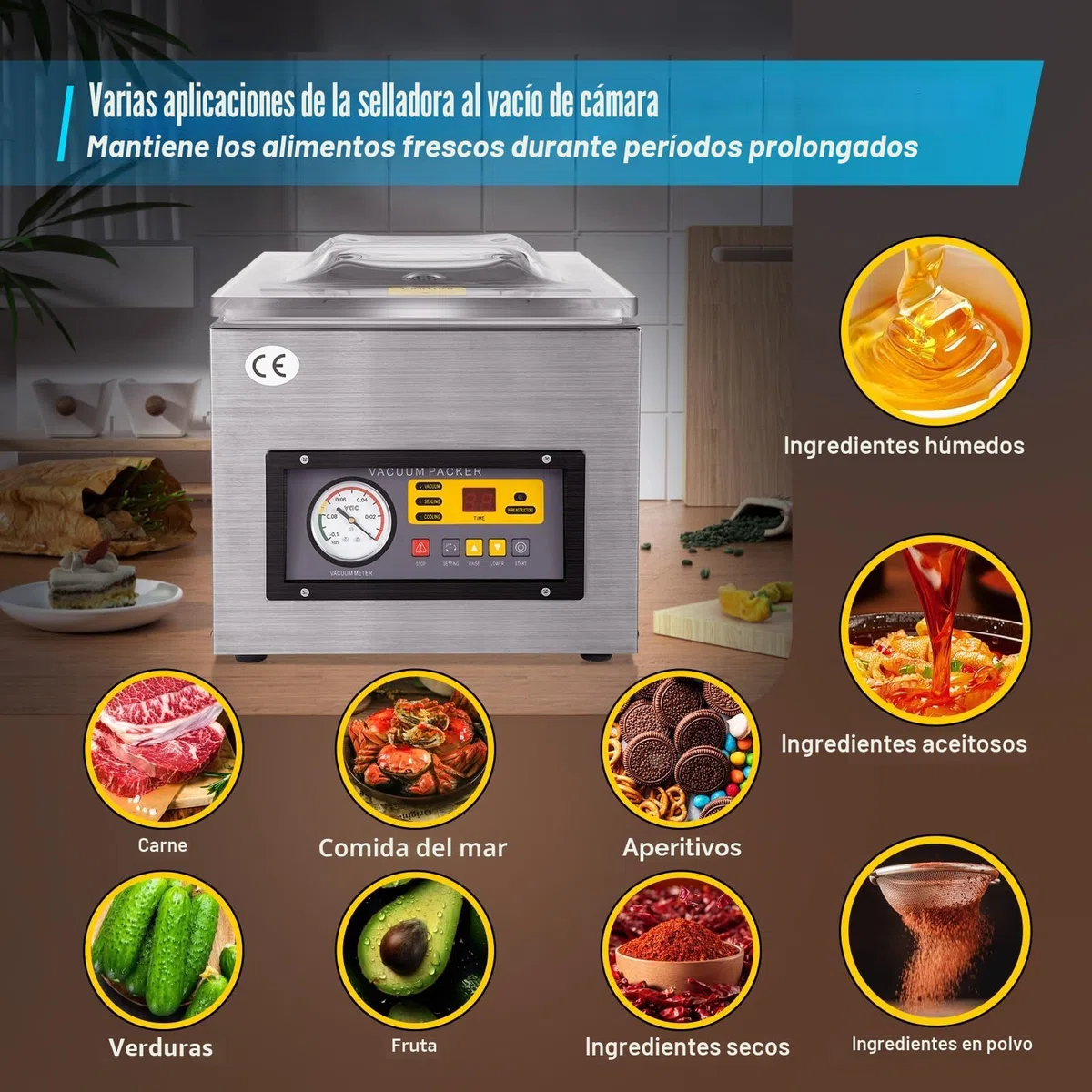 Envasadora al vacío de cámara de 220 V, 120 W, 5,5 litros/s, de acero inoxidable, para alimentos, 3 en 1, multifuncional, mesa profesional para alimentos secos y húmedos, OT-6313