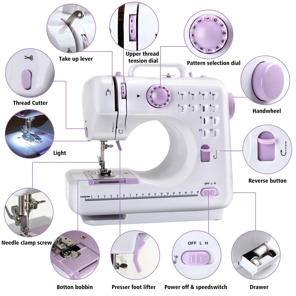 M MUNCASO mini máquina de coser para principiantes, máquina de coser electrónica de 12 agujas, máquina de coser multifuncional para niños, doble línea y doble velocidad