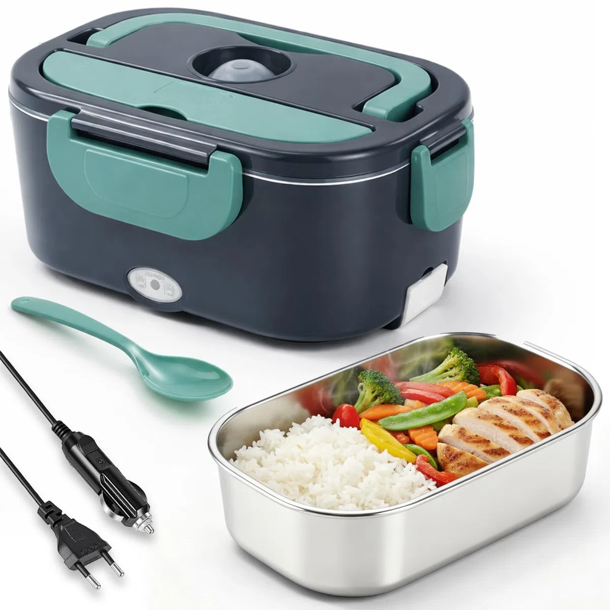 Tupper Calentador para Comida – Tartera Comida Trabajo, Loncheras de Trabajo - Marmita Eléctrica Portátil 1,5L con 2 Cables (Casa y Coche) – Lancheira Termica Facil de Limpiar