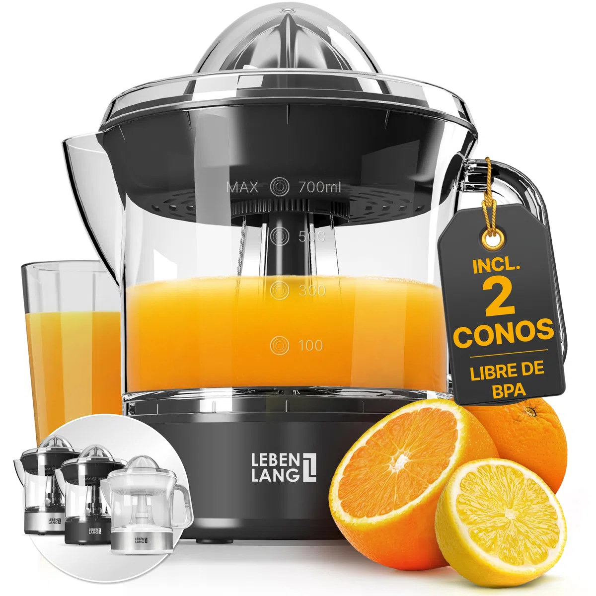 LEBENLANG Exprimidor de naranjas electrico - 2 conos & sin BPA I Alto rendimiento de zumo I 700 ml esprimidores citrinos eléctrico I Esprimidoras zumos pequeño Orange juicer machine