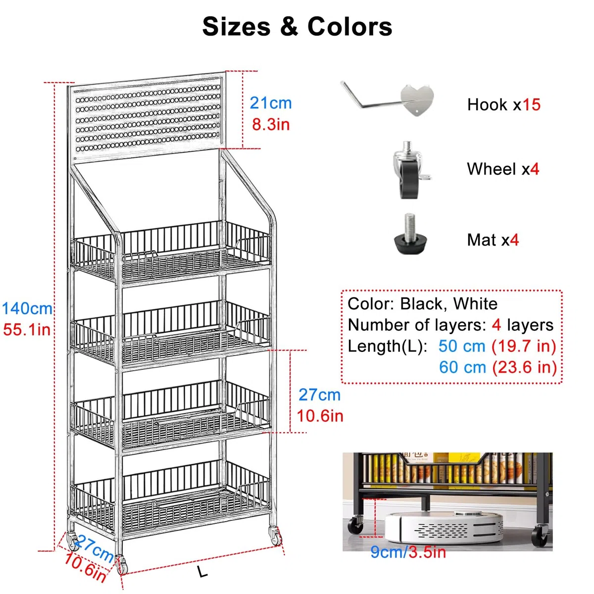 Estante de almacenamiento de alimentos, estante de 4 niveles, altura 140 cm, longitud 60 cm, ideal para organización de puestos de concesión