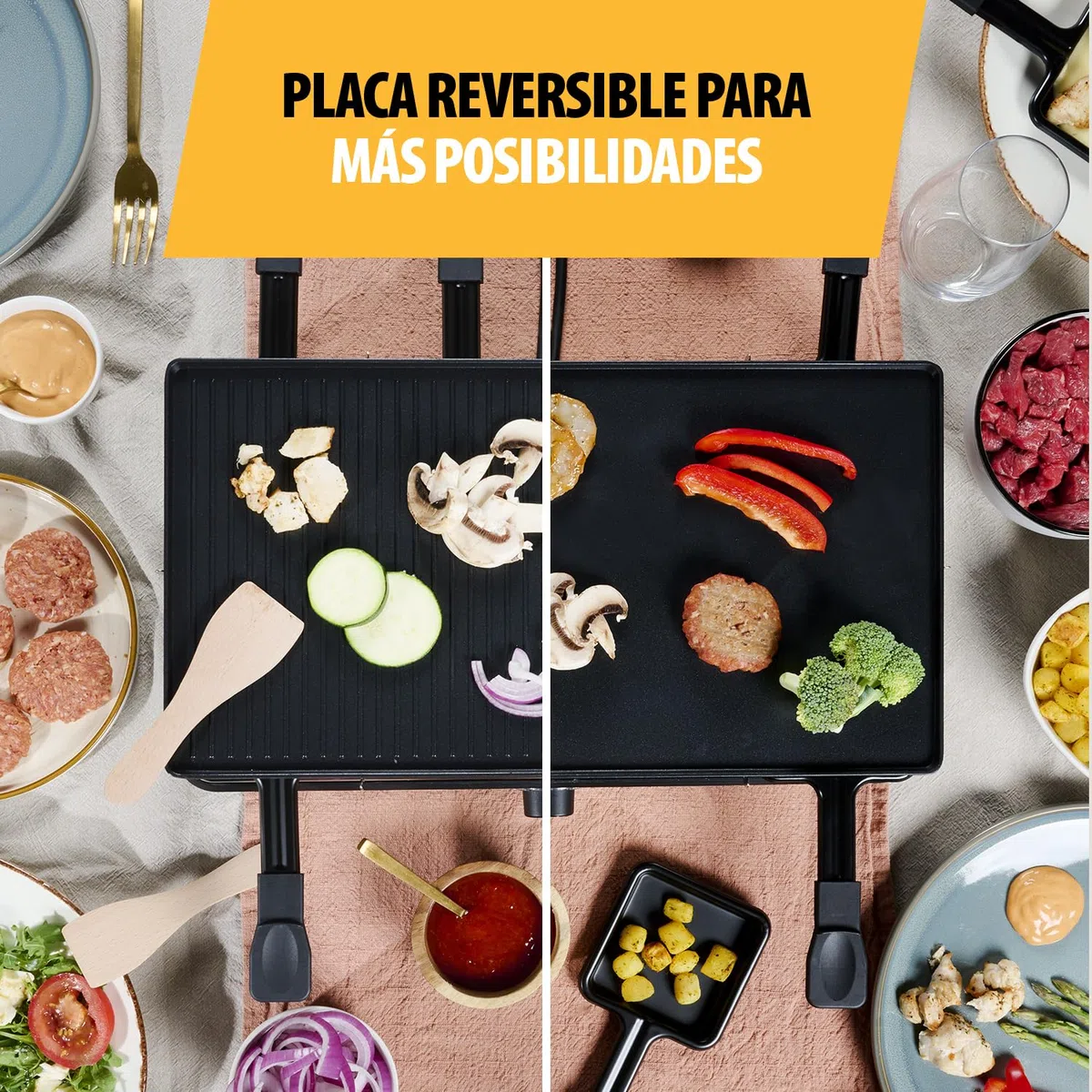 Tristar RA-2748 Raclette multifuncional 3 en 1; Raclette, piedra de cocción, grill, plancha/teppanyaki, Para 8 personas con 8 sartenes de raclette incluidas, 1400 W