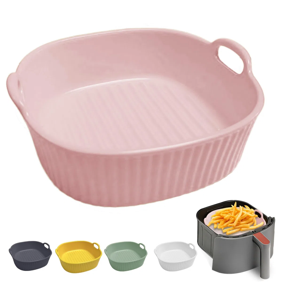 Cazuela redonda de cerámica, para freidora de aire caliente, 17,5 x 16 x 5,5 cm, para lasaña, molde redondo para lasaña, patatas fritas, sopa (rosa claro)