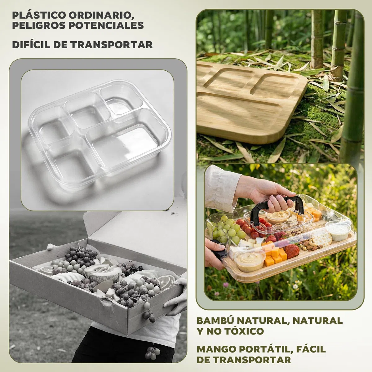 Tabla de Charcutería con Tapa – Bandeja para Quesos Portátil con 6 Compartimentos, Tabla de Madera de Bambú – Ideal para Picnic, Brunch y Viajes