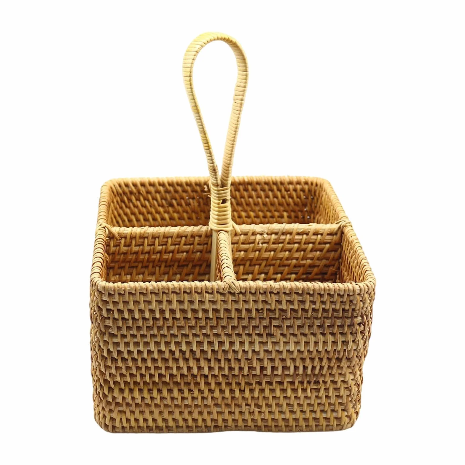 Porta Cubiertos Cesta Organizador Portátil Almacenaje para Utensilios de Mesa Rattan Natural Diseño Artesanal Adecuado para Cocina Camping Mesa Del Co , Cuadrado grande