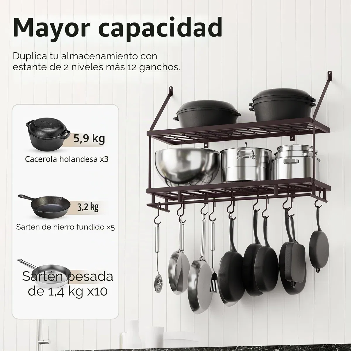 KES Estante de Pared para Ollas de 30 Pulgadas en Bronce Aceitado, Organizador de 2 Niveles para Ollas y Sartenes con 12 Ganchos Resistentes, Estante de Pared de Cocina de Estilo Granja, KUR215S75B-OB