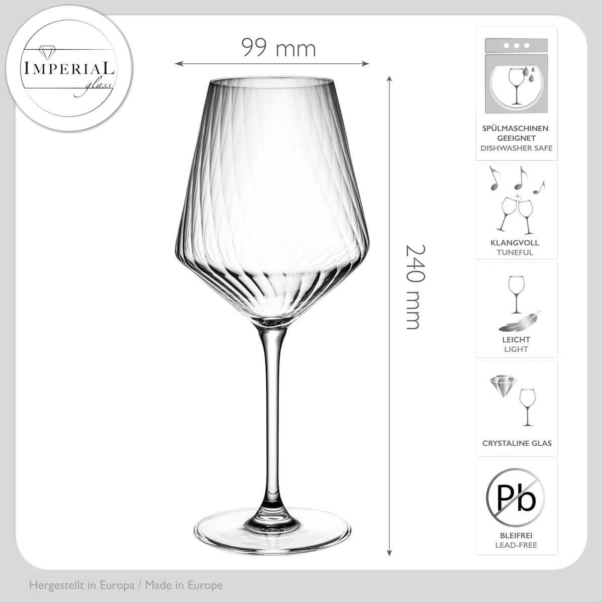 Imperial Juego de 2 copas de vino tinto estriadas de cristal "London", copas de vino de 580 ml, aptas para lavavajillas