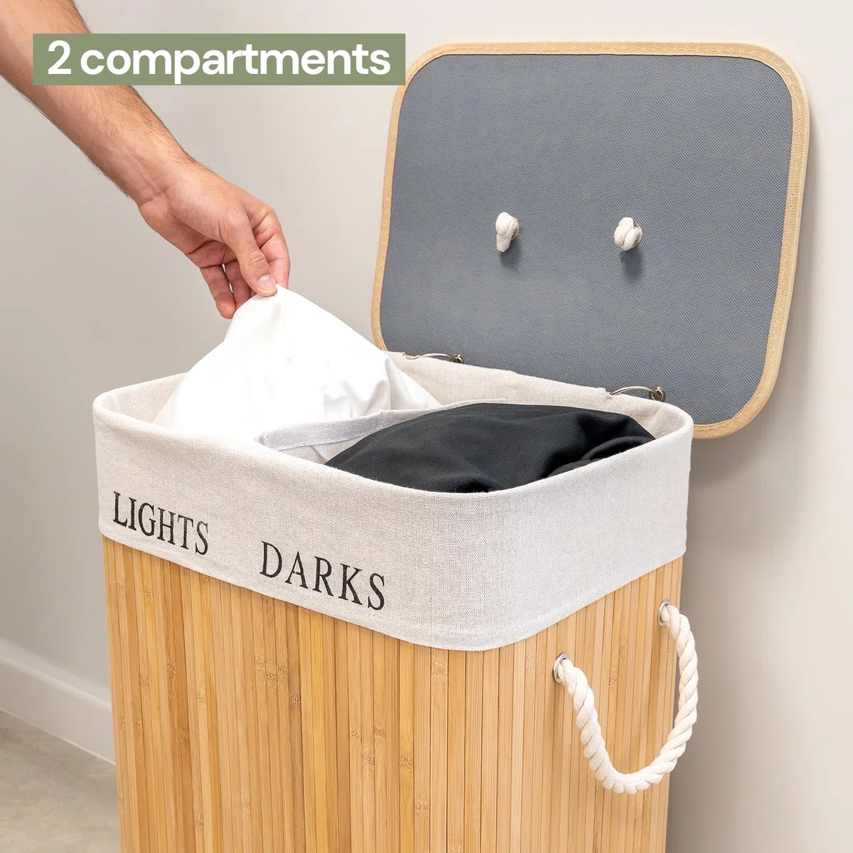 edihome, Cesto Ropa Sucia, 2 Compartimentos, Cesta con Tapa, 72 Litros, Cubo, Laundry Basket, Plegable, Bolsa Lavable Extraíble, Asas, de Bambu, para Colada (Natural)