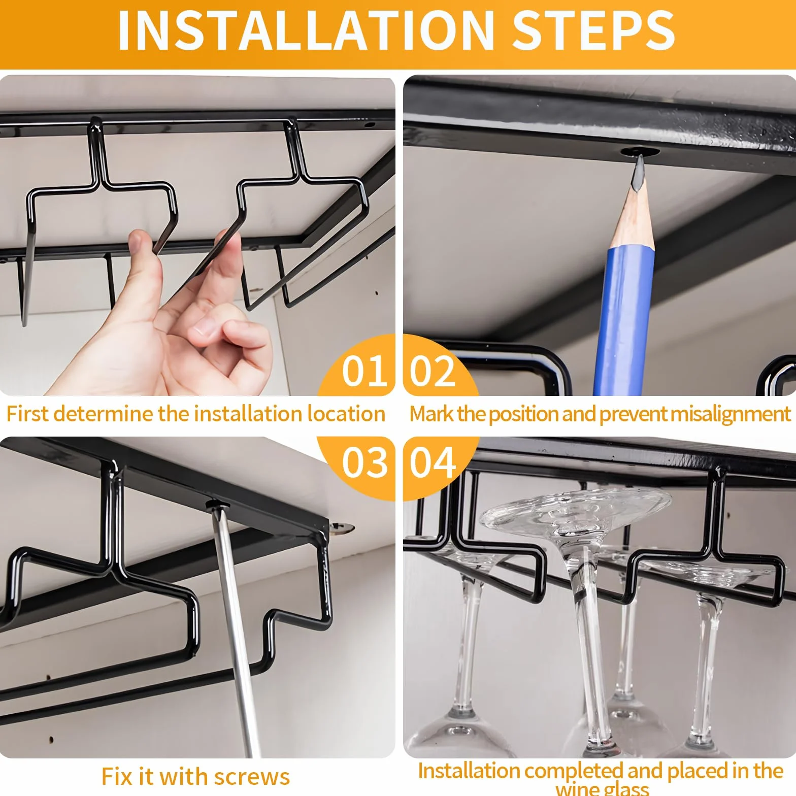 ROEXUN 2 Piezas 4 Filas Soportes para Copas de Vino de Metal,Estante Colgante para Copas de Vino con Tornillos,Colgador de Copas Invertido,Colgador Copas con Tallo para Familia,Restaurante,Hotel Bar