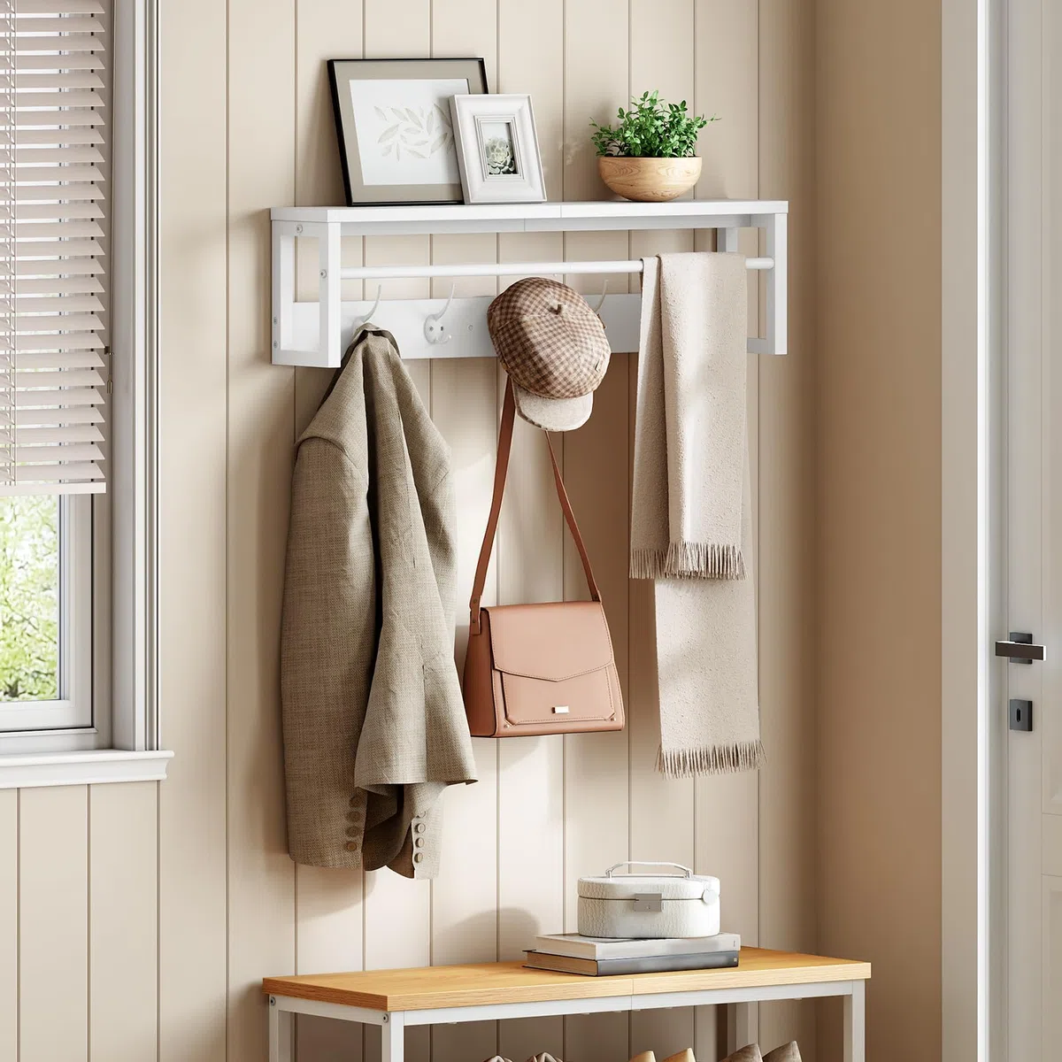 HOOBRO Perchero de Pared con Estante, Perchero Flotante con Barra y 5 Ganchos, Estante Colgante para Paraguas, Sombreros, Bufandas, para Entrada, Pasillo, Sala de Estar, Dormitorio, Blanco EWT78YM01