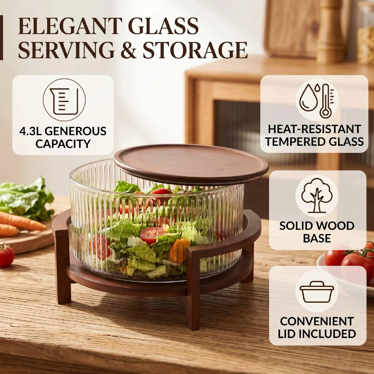 Garsent Ensaladera de Vidrio de 4,3 L con Soporte y Tapa de Madera, Cuenco Grande para Servir Frutas a Prueba de Calor para el Hogar, Comedor, Reunión, Cocina