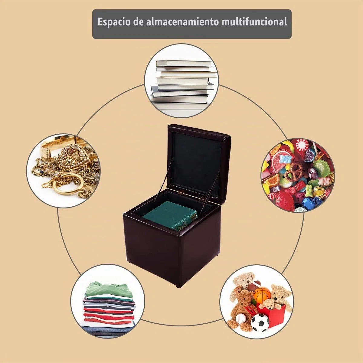 LIFEZEAL Taburete Almacenaje, 40x40x40CM, Puff Taburete de Cuero, Asiento Cubo, Otomano Cuadrado con Funda, Banco con Tapa (Marrón)