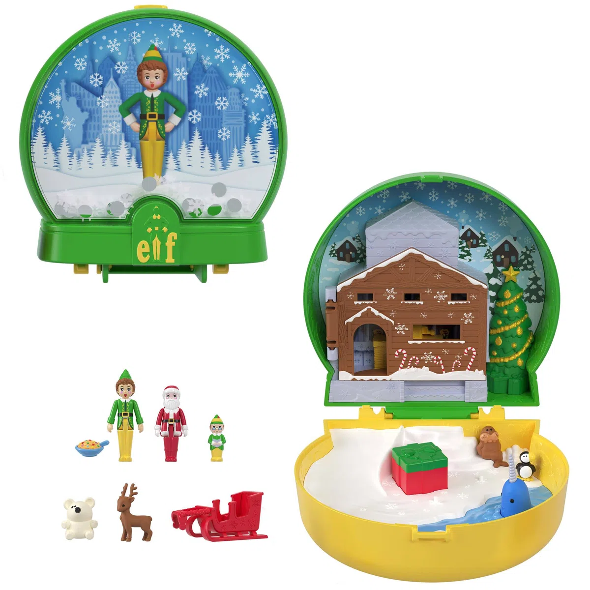Polly Pocket x 'Elf' Estuche de colaboración, Conjunto de Juego de temática navideña y muñequitos, 6 Accesorios temáticos, Figuras de Buddy, Papá Noel y Papá Elfo, JGT05