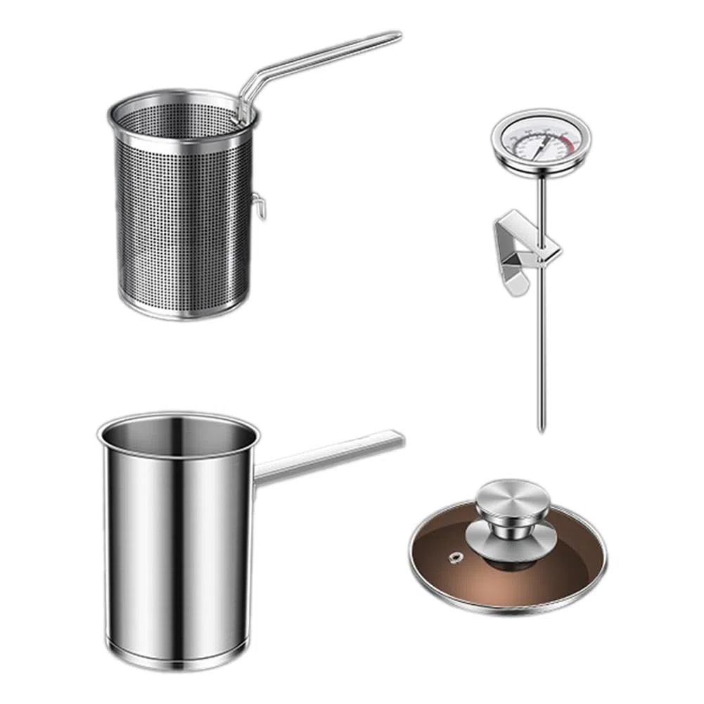 Freidora de acero inoxidable con cesta de drenaje, perfecta para alimentos fritos y cocinar, fácil de usar, duradera, esencial para cocineros caseros