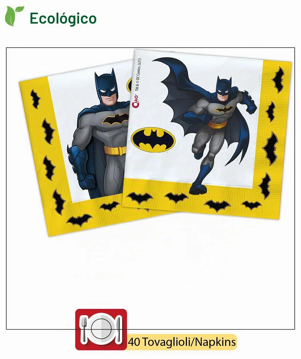 Ciao - Kit Vajilla de Fiesta Batman para 24 personas (112 pcs: 24 platos Ø23cm, 24 platos Ø18cm, 24 vasos 250ml, 40 servilletas 33x33cm) de papel compostable eco-friendly